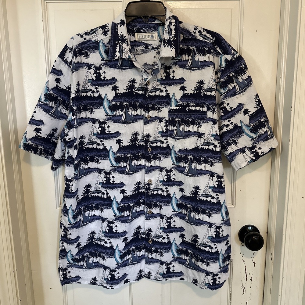 Seaspice Men's White Blue Sailboats Tropical Short Sleeve Button Down Shirt‎ LG